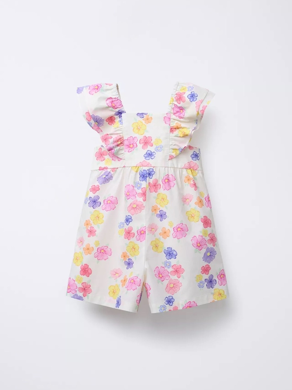 ZARA Girls Floral Ruffle Romper - White with Pink, Yellow & Purple Flowers 3T